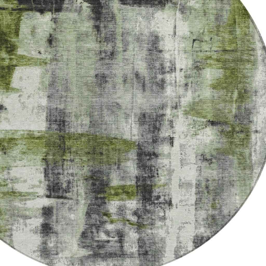8' Olive Green And Ivory Round Abstract Washable Indoor Outdoor Area Rug