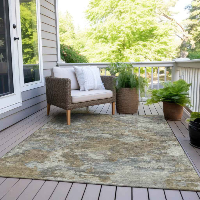 8' X 10' Gold And Ivory Abstract Washable Indoor Outdoor Area Rug