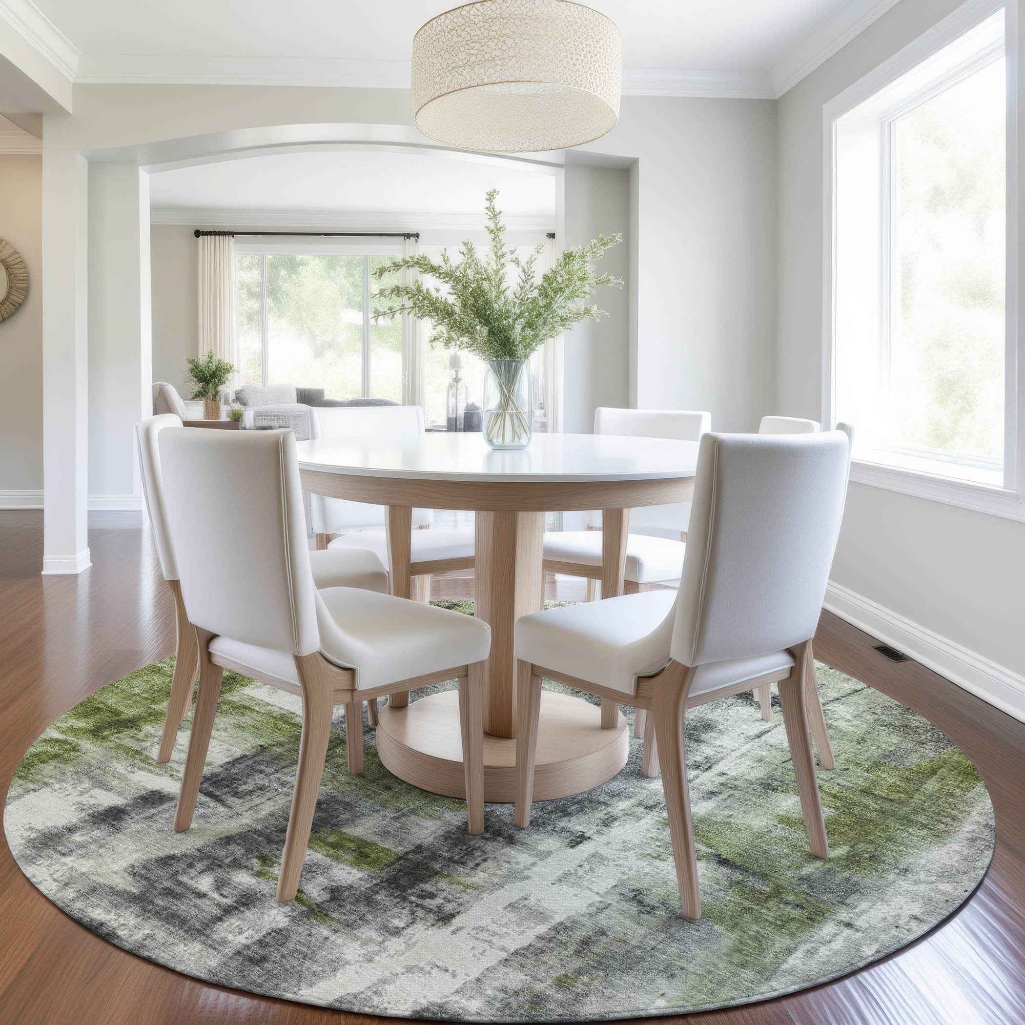 8' Olive Green And Ivory Round Abstract Washable Indoor Outdoor Area Rug