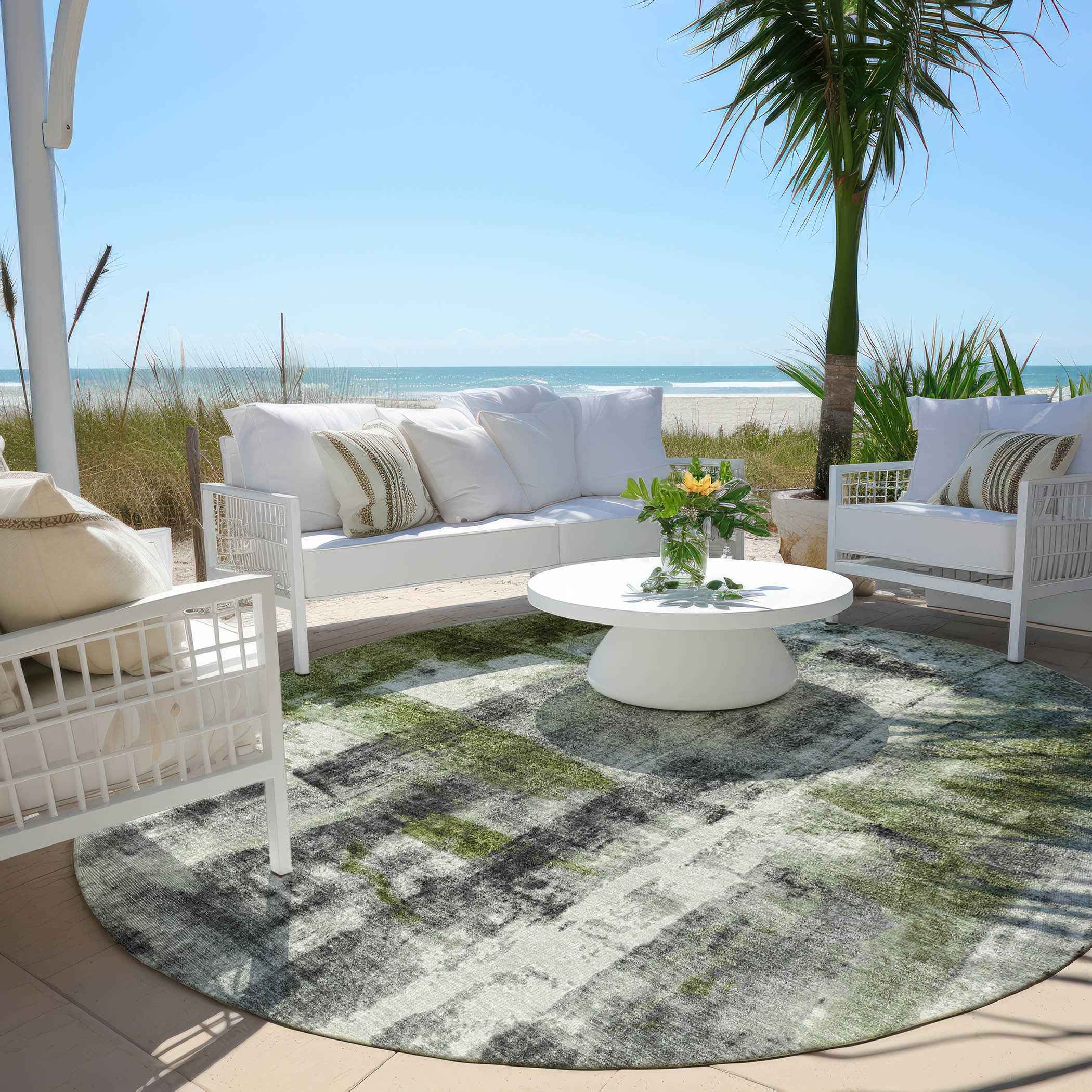 8' Olive Green And Ivory Round Abstract Washable Indoor Outdoor Area Rug