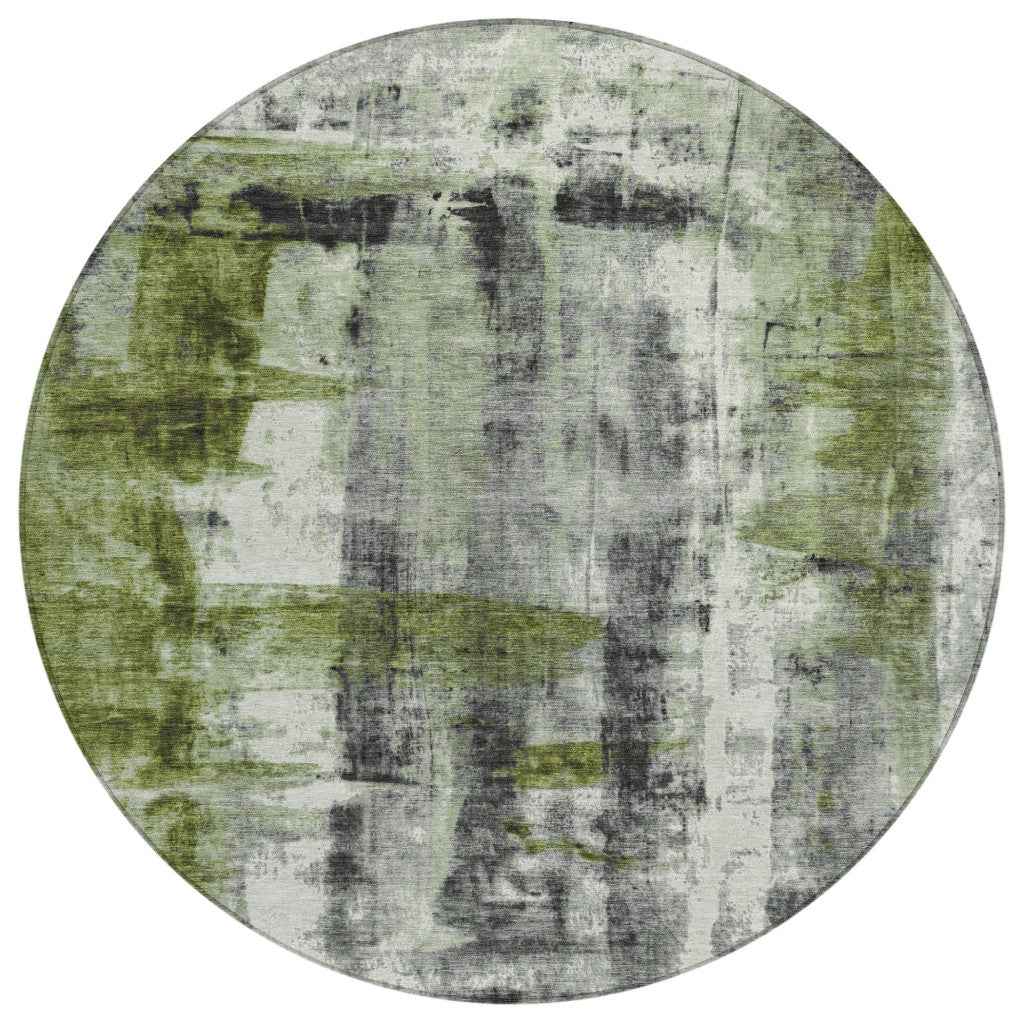 8' Olive Green And Ivory Round Abstract Washable Indoor Outdoor Area Rug