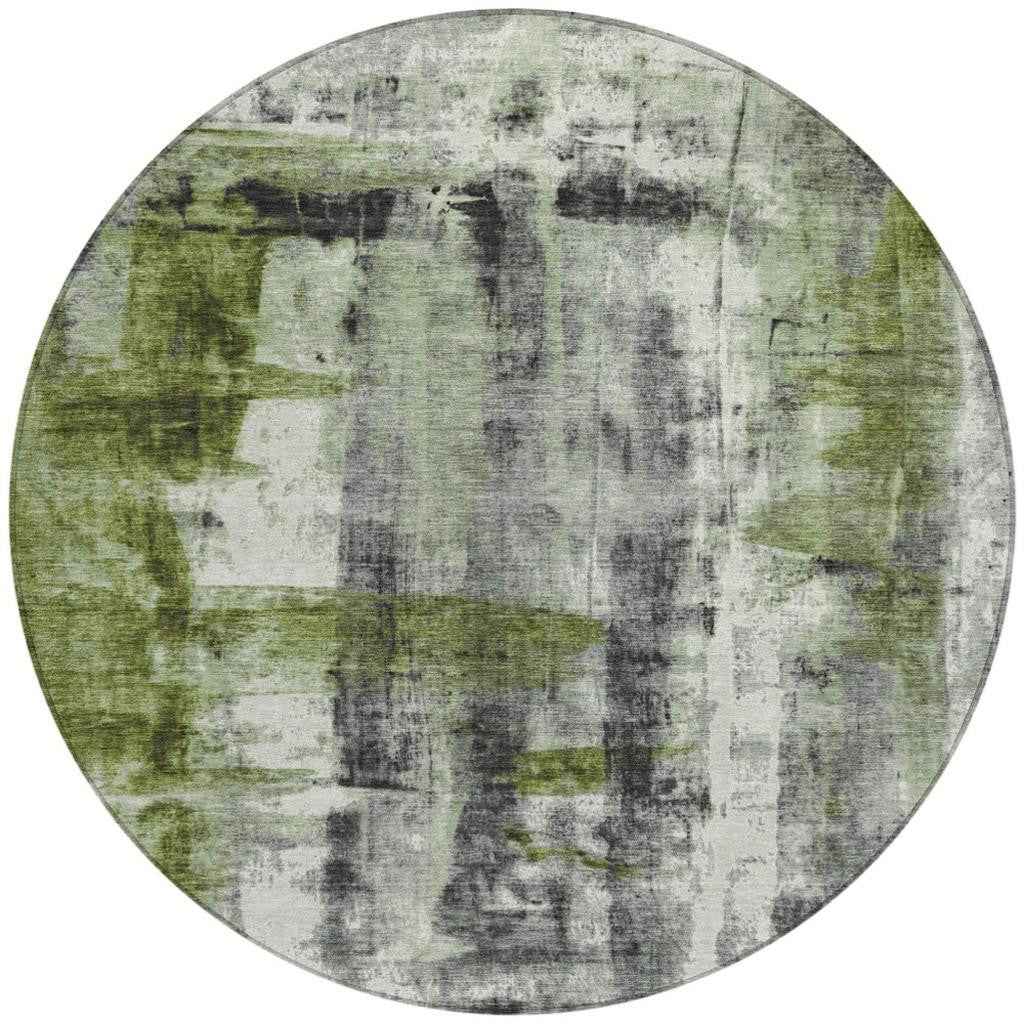 8' Olive Green And Ivory Round Abstract Washable Indoor Outdoor Area Rug