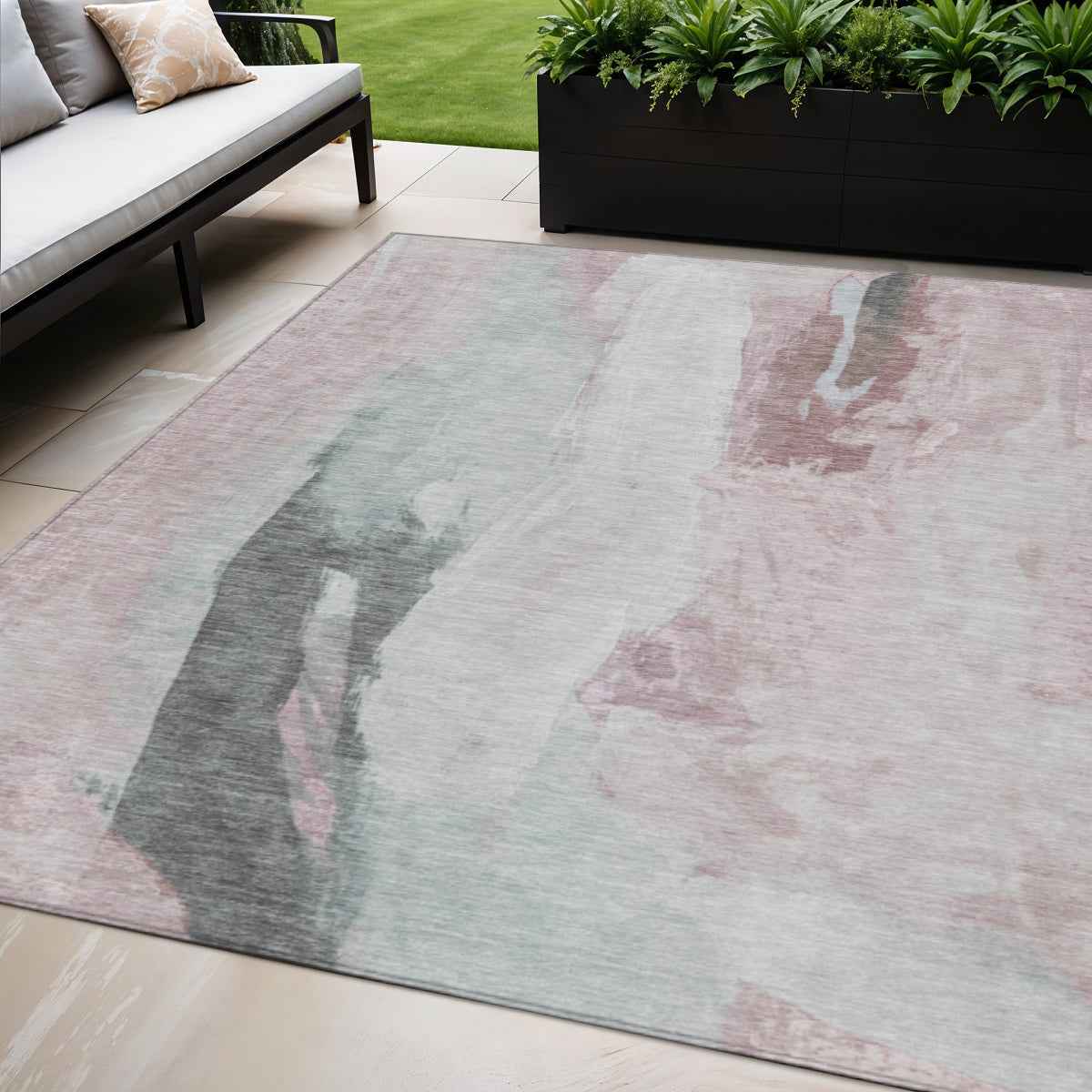 5' X 8' Blush And Gray Abstract Washable Indoor Outdoor Area Rug