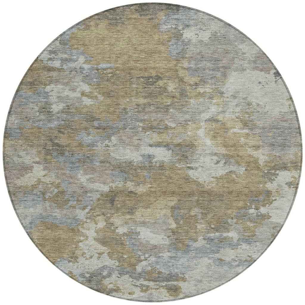 8' Gold And Ivory Round Abstract Washable Indoor Outdoor Area Rug