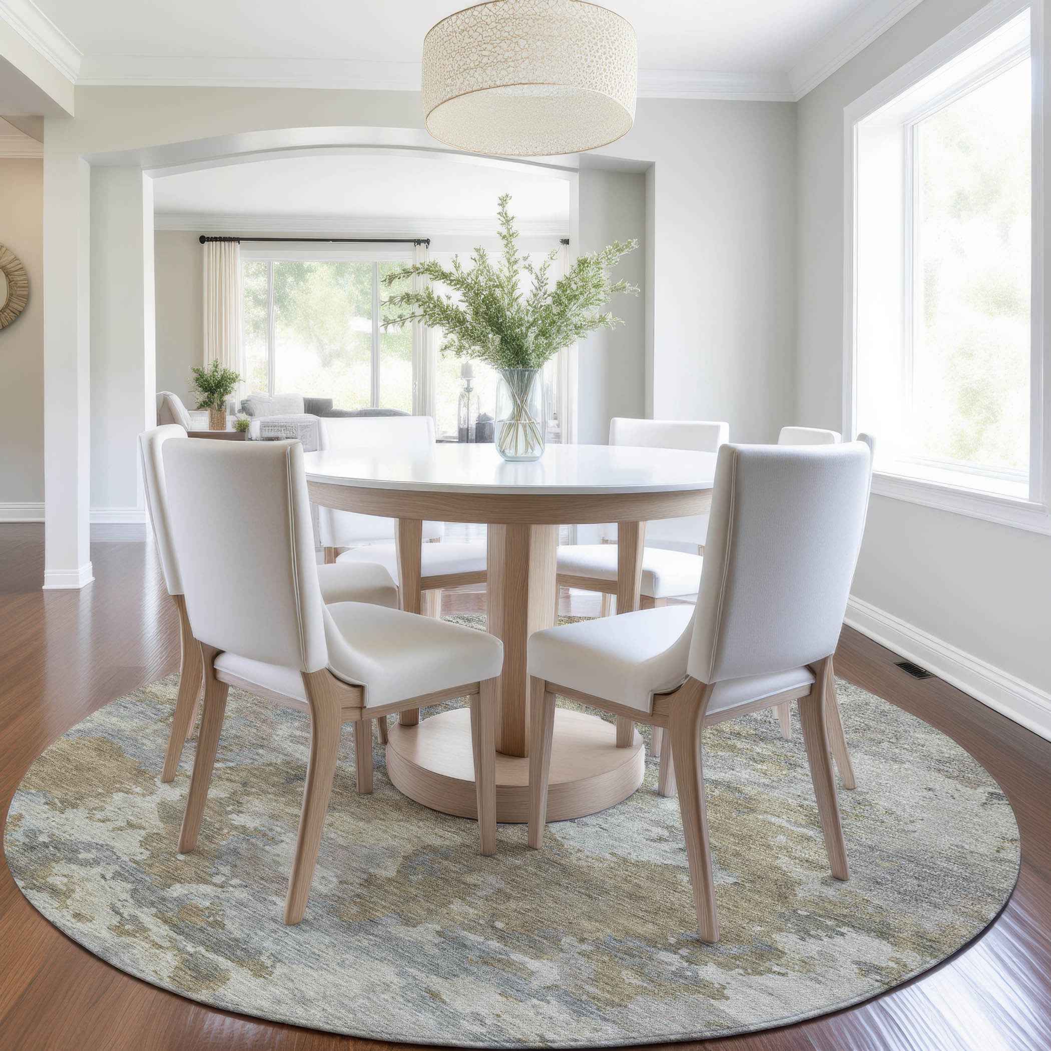 8' Gold And Ivory Round Abstract Washable Indoor Outdoor Area Rug