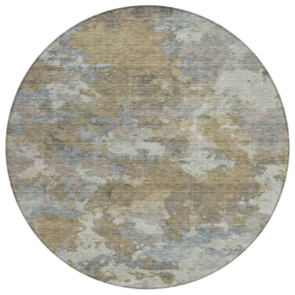 8' Gold And Ivory Round Abstract Washable Indoor Outdoor Area Rug