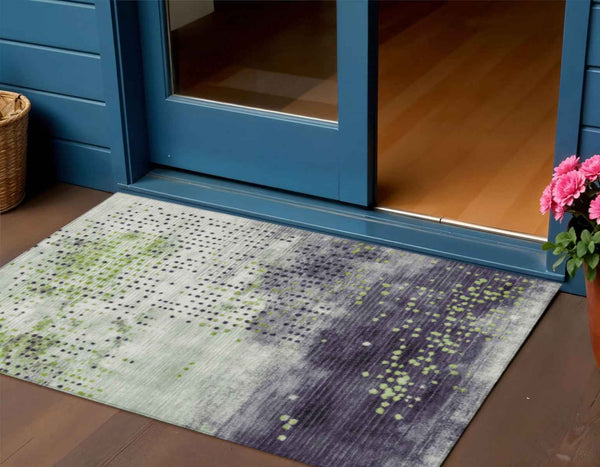 3' X 5' Artichoke Green And Purple Geometric Washable Indoor Outdoor Area Rug