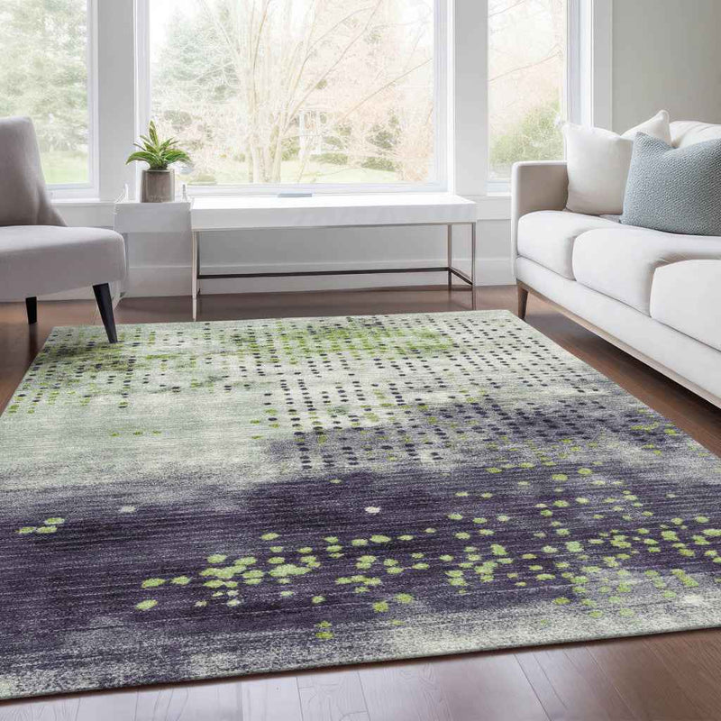 3' X 5' Artichoke Green And Purple Geometric Washable Indoor Outdoor Area Rug