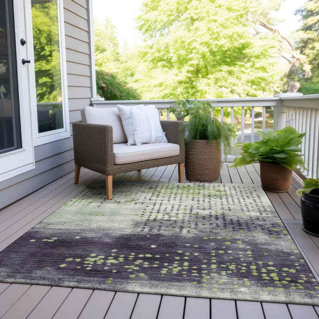 3' X 5' Artichoke Green And Purple Geometric Washable Indoor Outdoor Area Rug