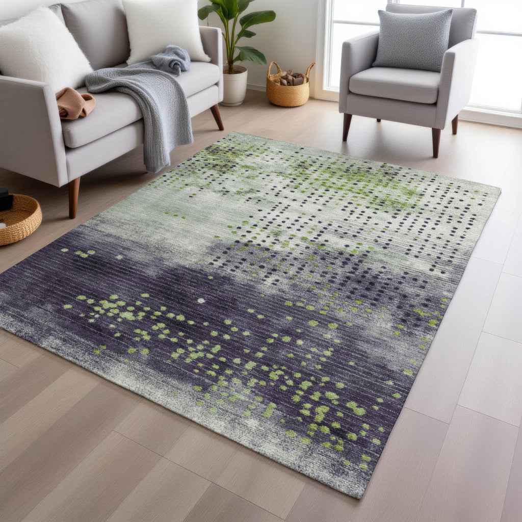 3' X 5' Artichoke Green And Purple Geometric Washable Indoor Outdoor Area Rug