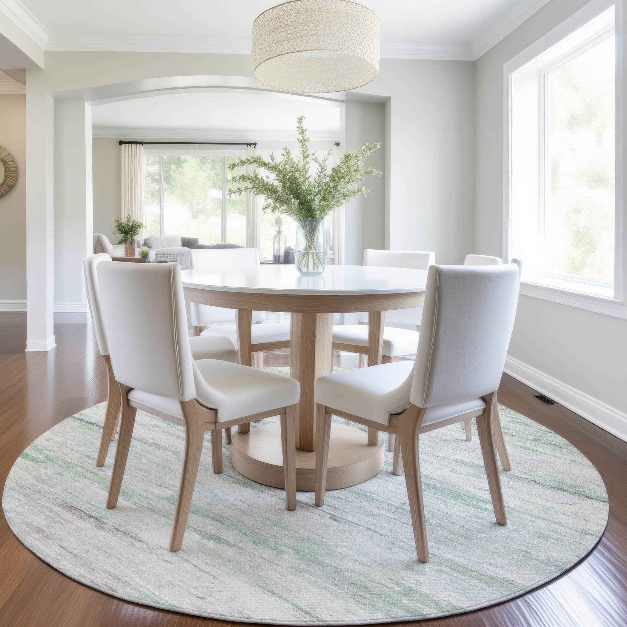 8' Artichoke Green And Ivory Round Abstract Washable Indoor Outdoor Area Rug