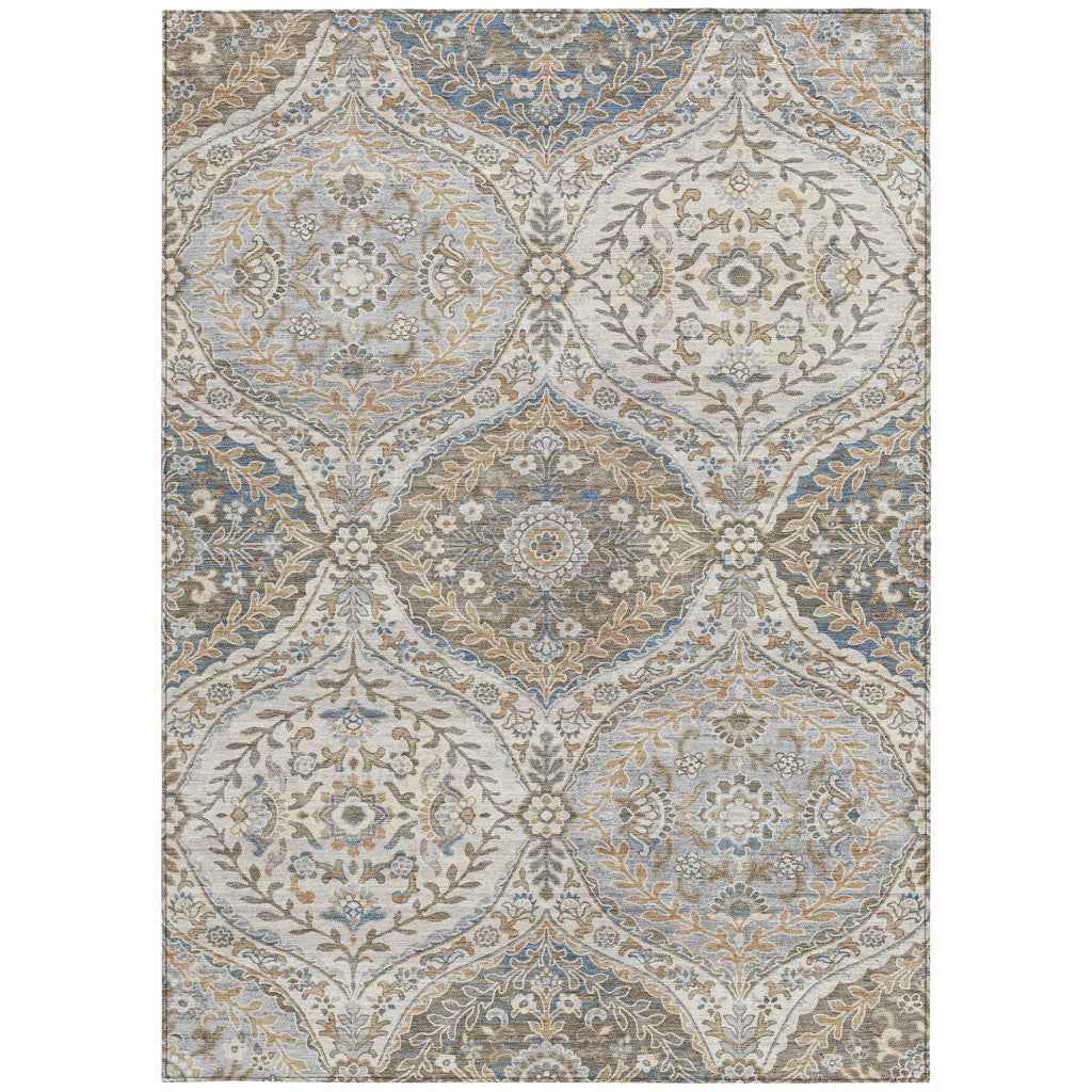 9' X 12' Beige Gold And Denim Blue Floral Washable Indoor Outdoor Area Rug