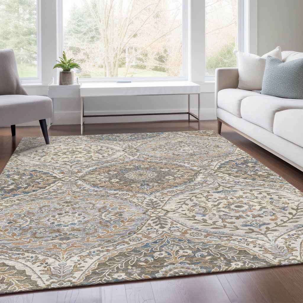 9' X 12' Beige Gold And Denim Blue Floral Washable Indoor Outdoor Area Rug