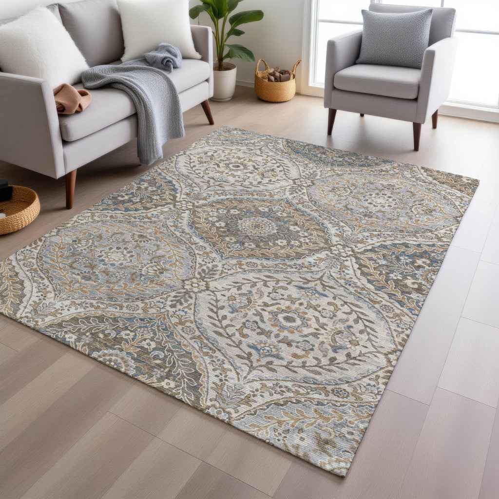 9' X 12' Beige Gold And Denim Blue Floral Washable Indoor Outdoor Area Rug
