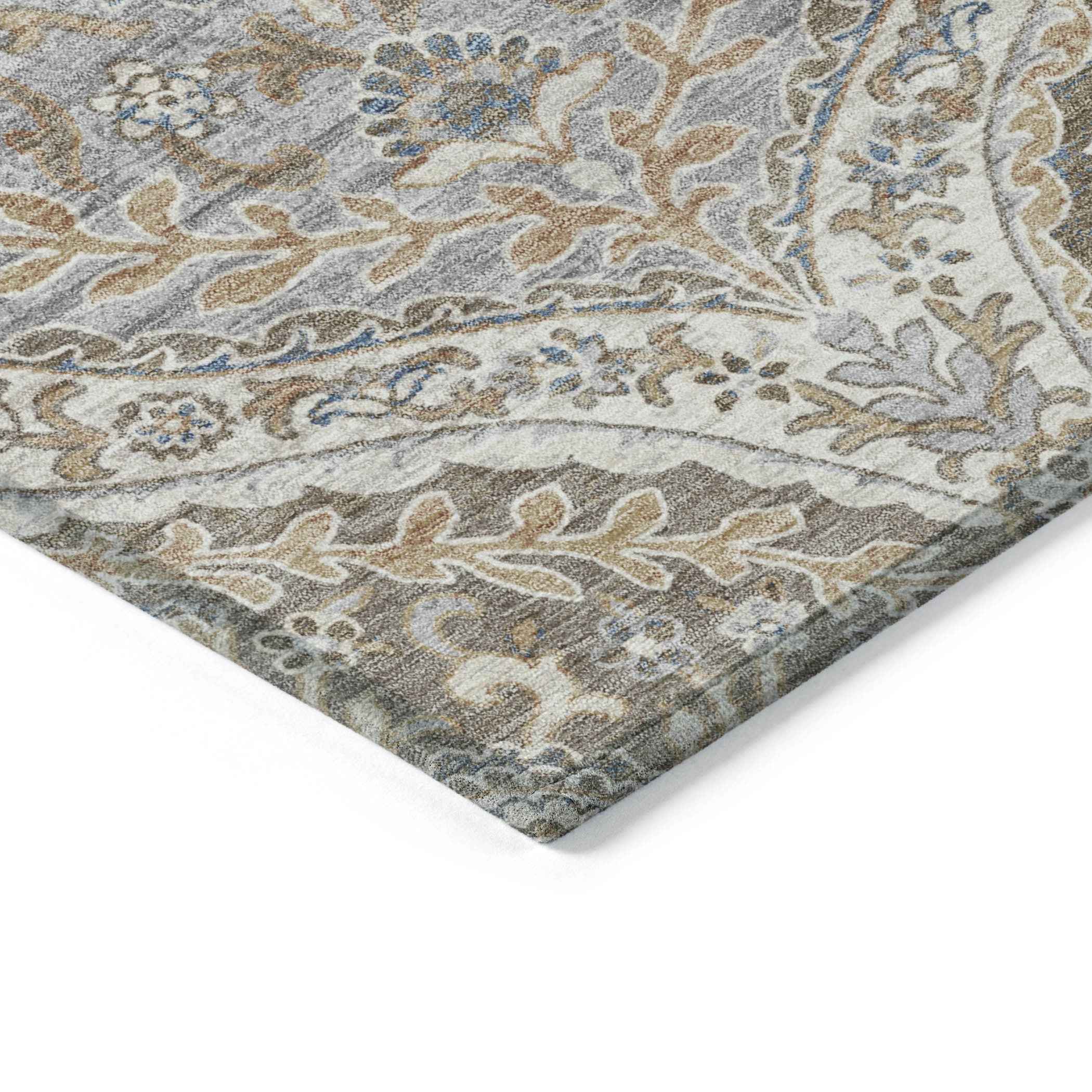 9' X 12' Beige Gold And Denim Blue Floral Washable Indoor Outdoor Area Rug