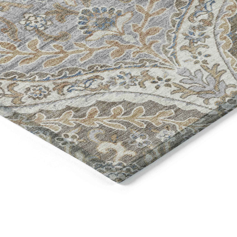 9' X 12' Beige Gold And Denim Blue Floral Washable Indoor Outdoor Area Rug