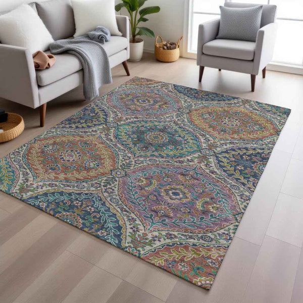 10' X 14' Blue Copper And Gold Floral Washable Indoor Outdoor Area Rug