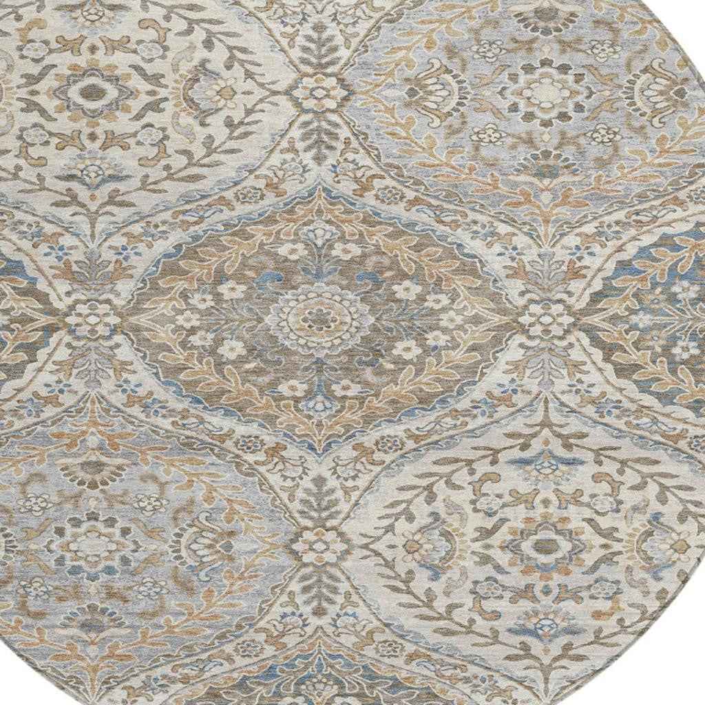 8' Beige Gold And Denim Blue Round Floral Washable Indoor Outdoor Area Rug