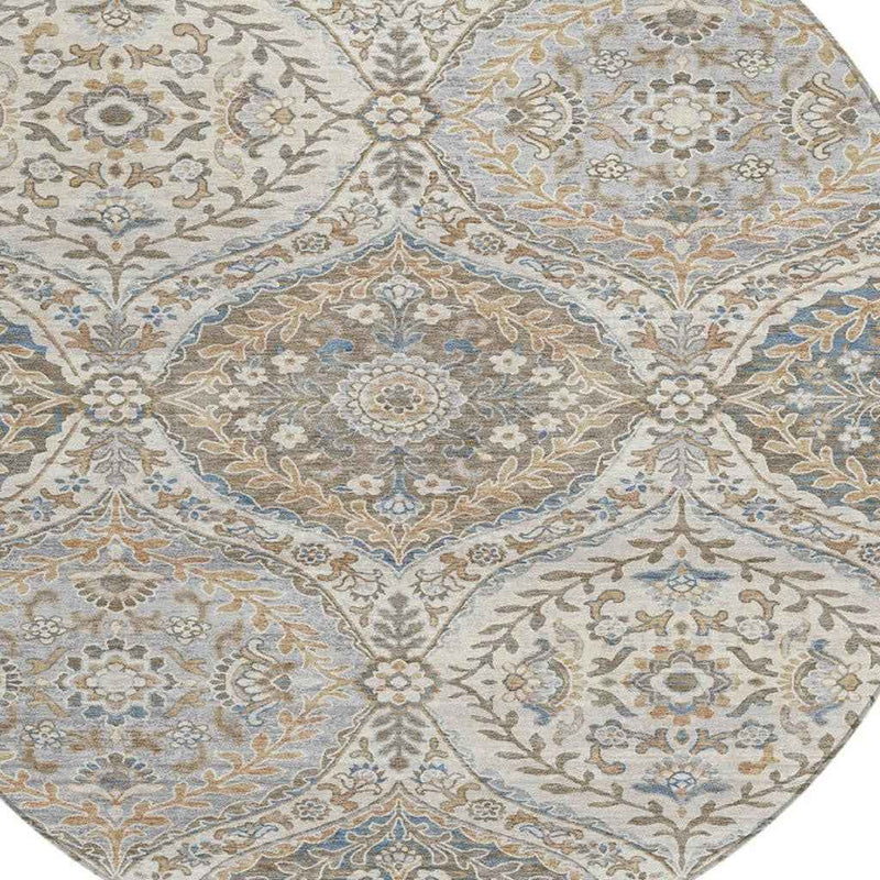 8' Beige Gold And Denim Blue Round Floral Washable Indoor Outdoor Area Rug