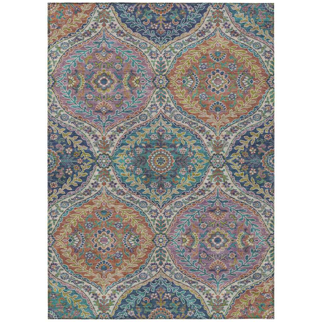10' X 14' Blue Copper And Gold Floral Washable Indoor Outdoor Area Rug