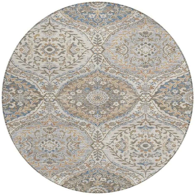 8' Beige Gold And Denim Blue Round Floral Washable Indoor Outdoor Area Rug