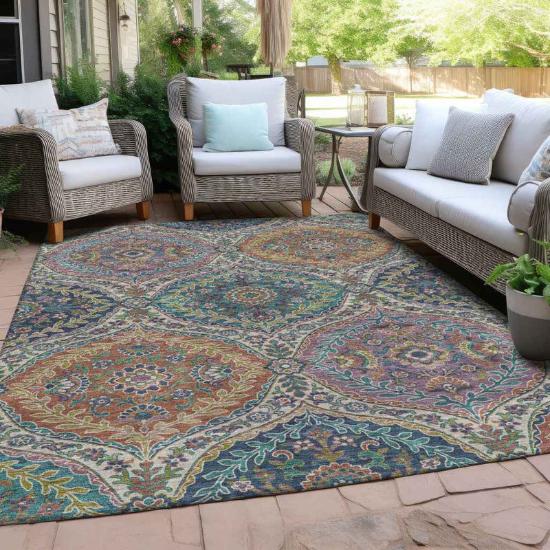 10' X 14' Blue Copper And Gold Floral Washable Indoor Outdoor Area Rug