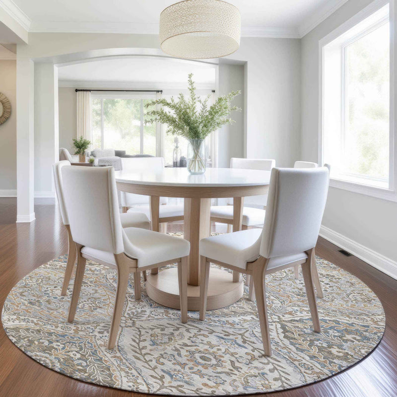 8' Beige Gold And Denim Blue Round Floral Washable Indoor Outdoor Area Rug