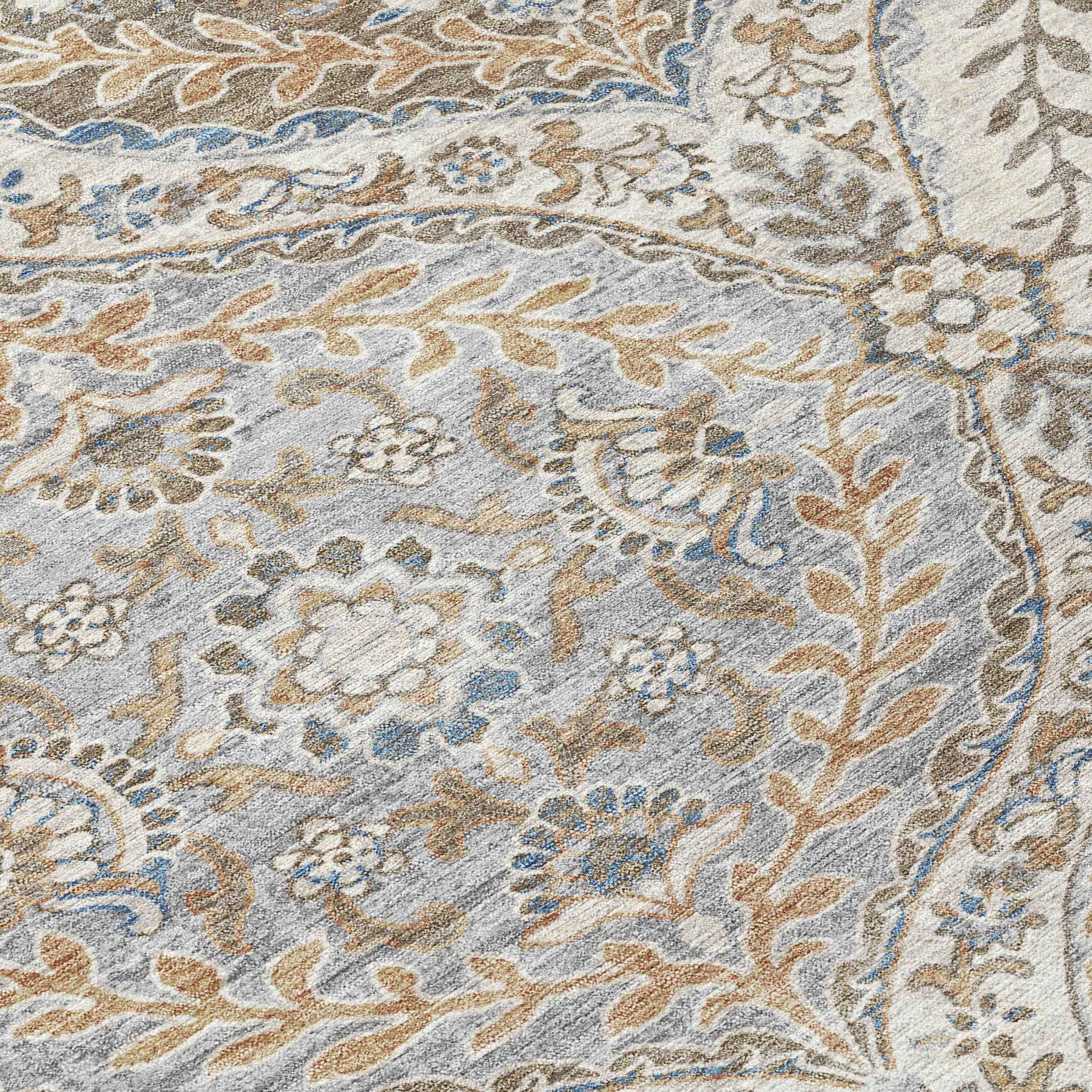 8' Beige Gold And Denim Blue Round Floral Washable Indoor Outdoor Area Rug