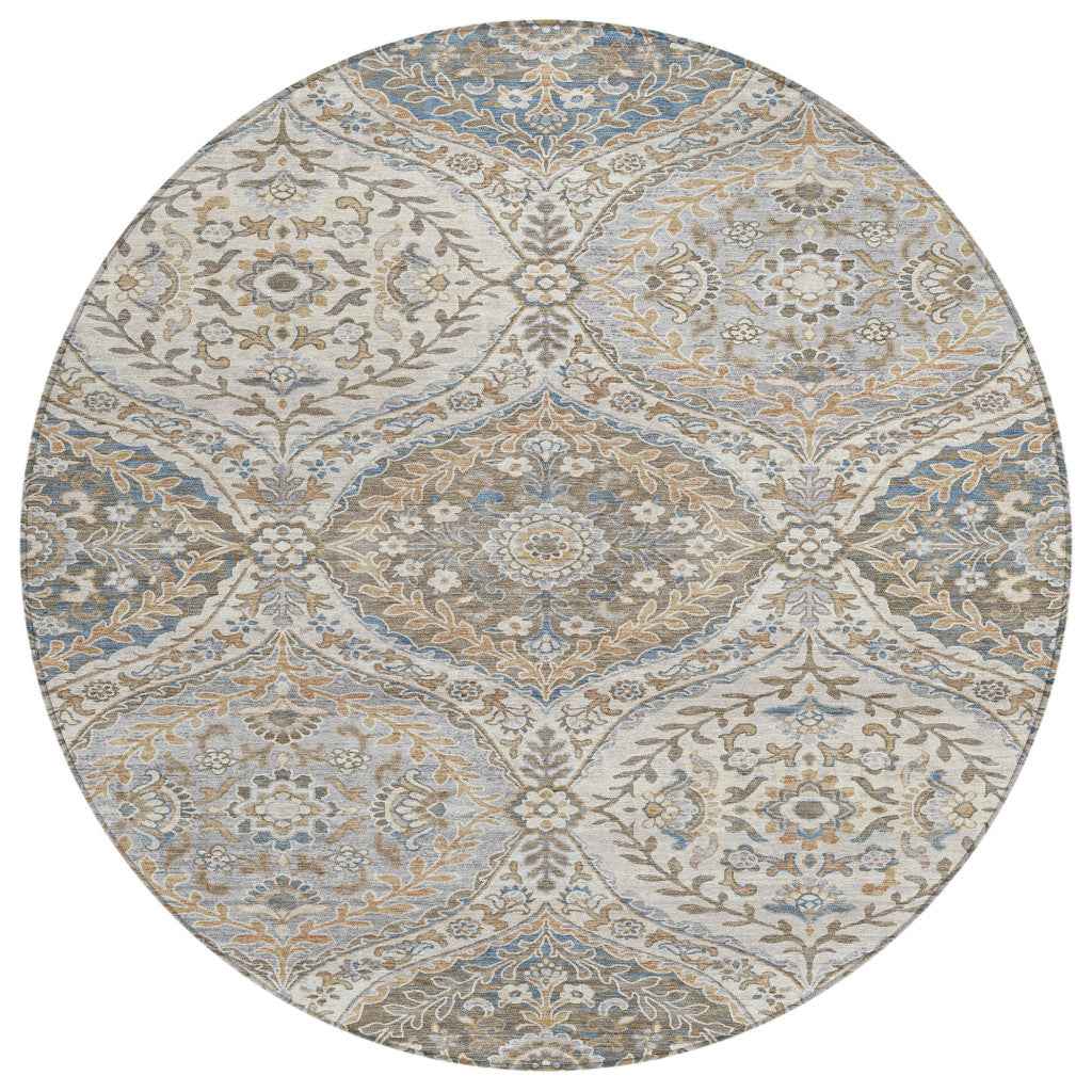 8' Beige Gold And Denim Blue Round Floral Washable Indoor Outdoor Area Rug
