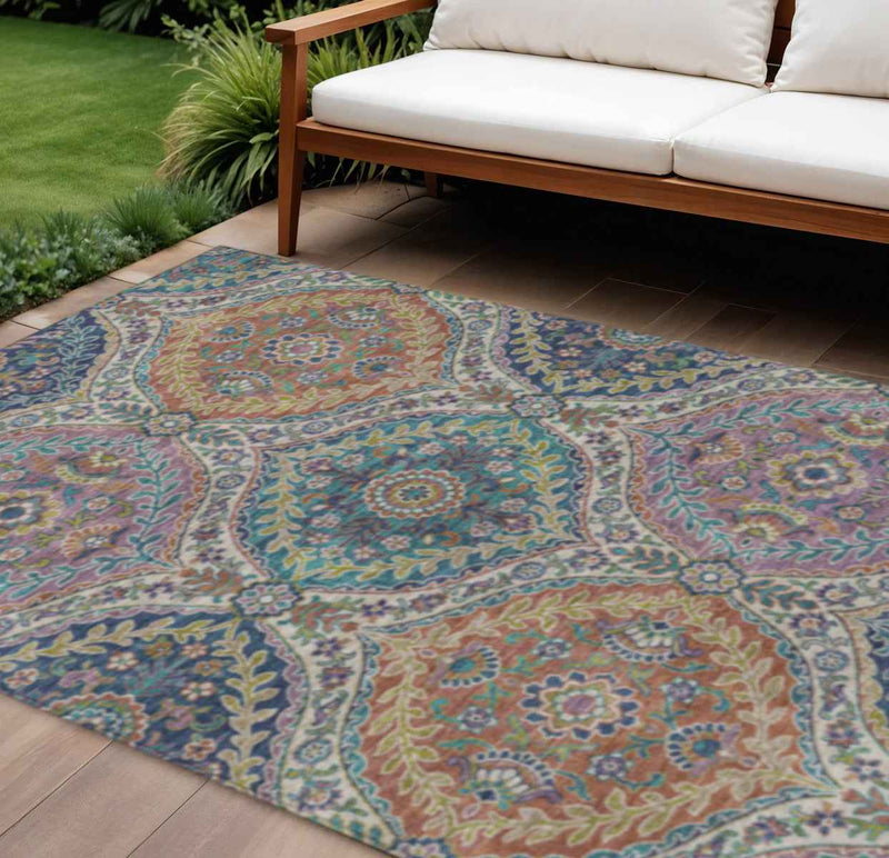 10' X 14' Blue Copper And Gold Floral Washable Indoor Outdoor Area Rug