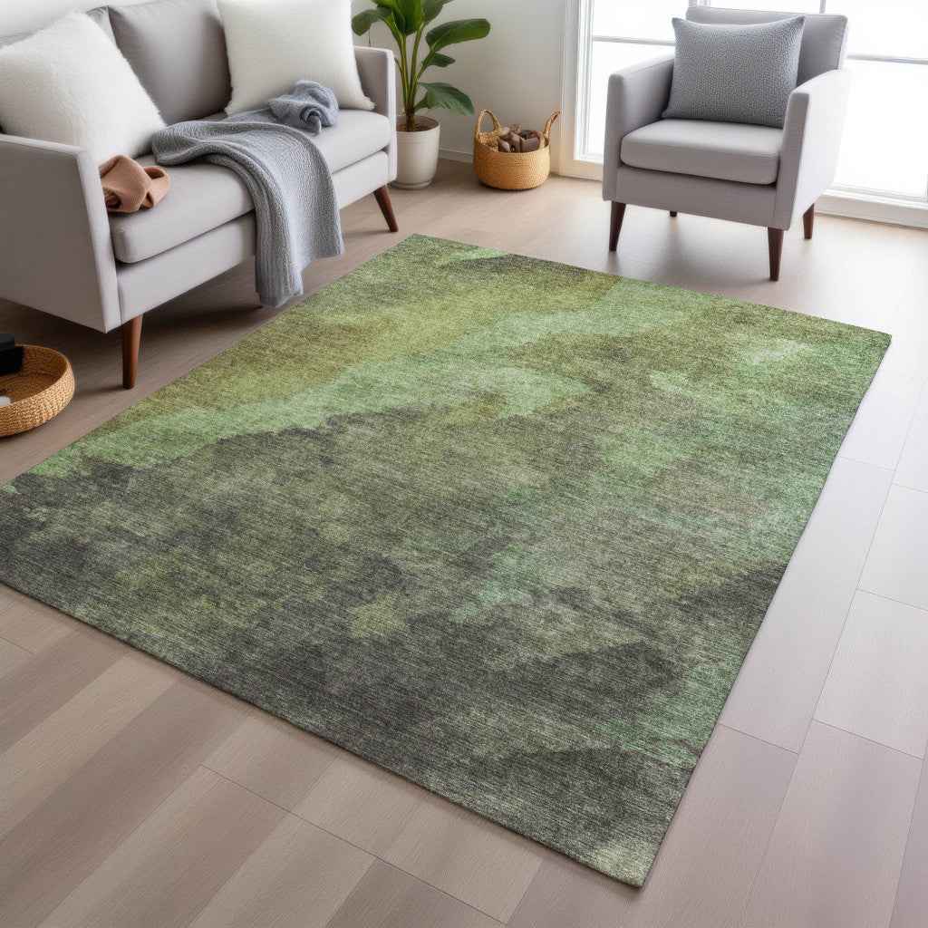 10' X 14' Green And Charcoal Abstract Washable Indoor Outdoor Area Rug