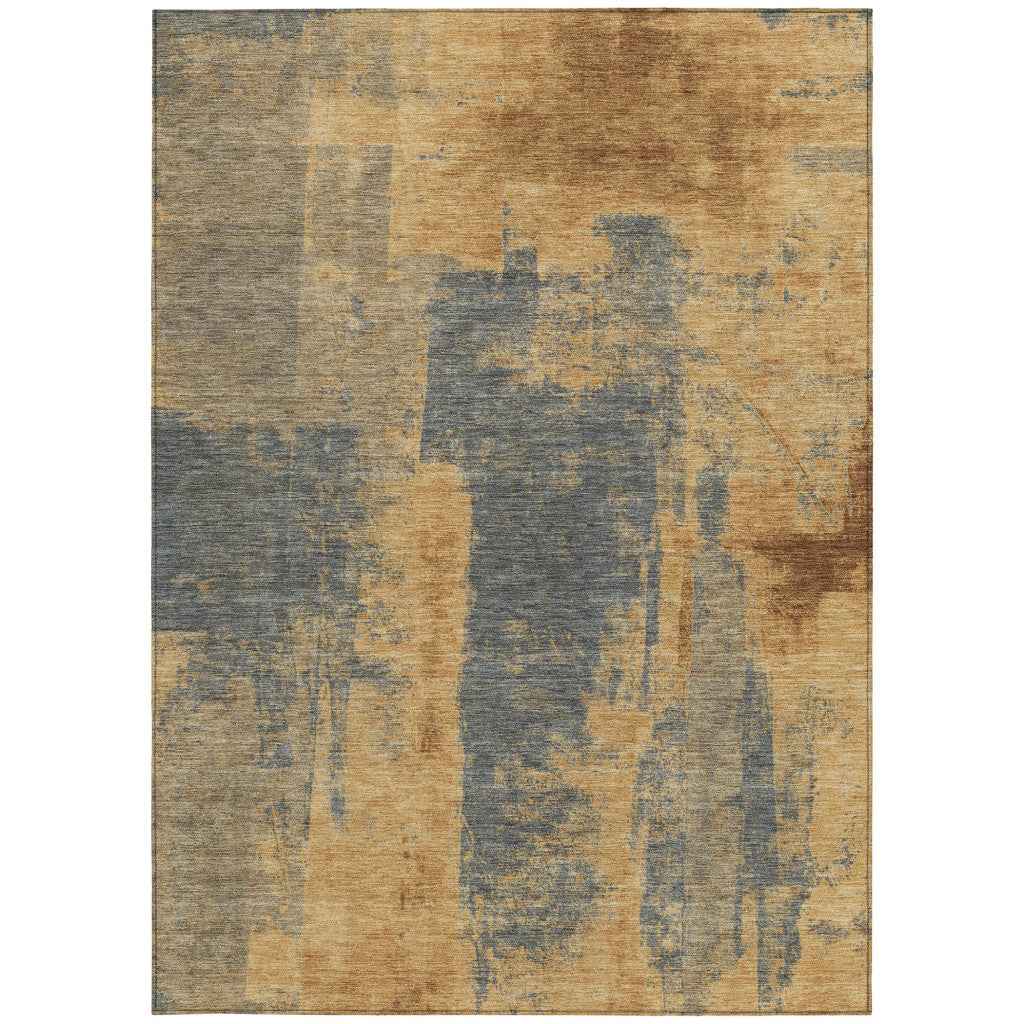 10' X 14' Gold And Charcoal Abstract Washable Indoor Outdoor Area Rug