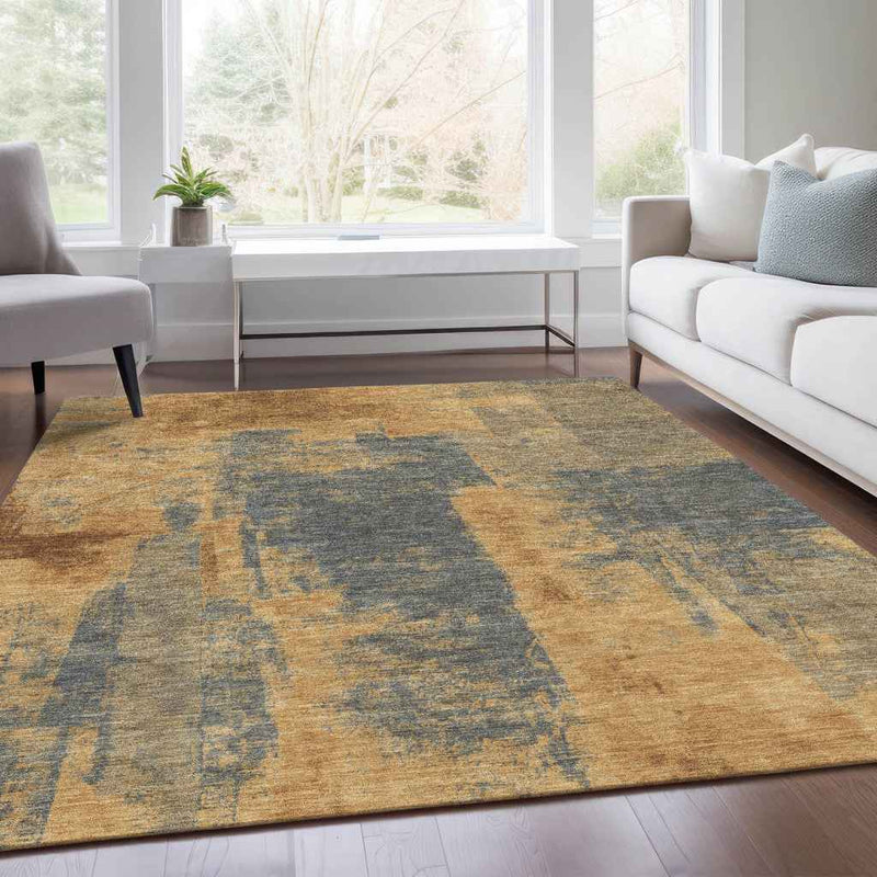 10' X 14' Gold And Charcoal Abstract Washable Indoor Outdoor Area Rug