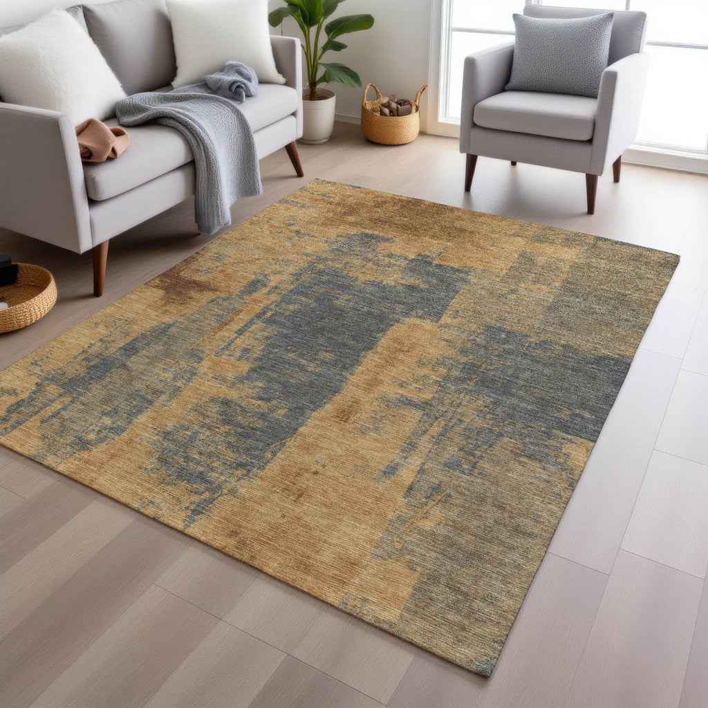 10' X 14' Gold And Charcoal Abstract Washable Indoor Outdoor Area Rug