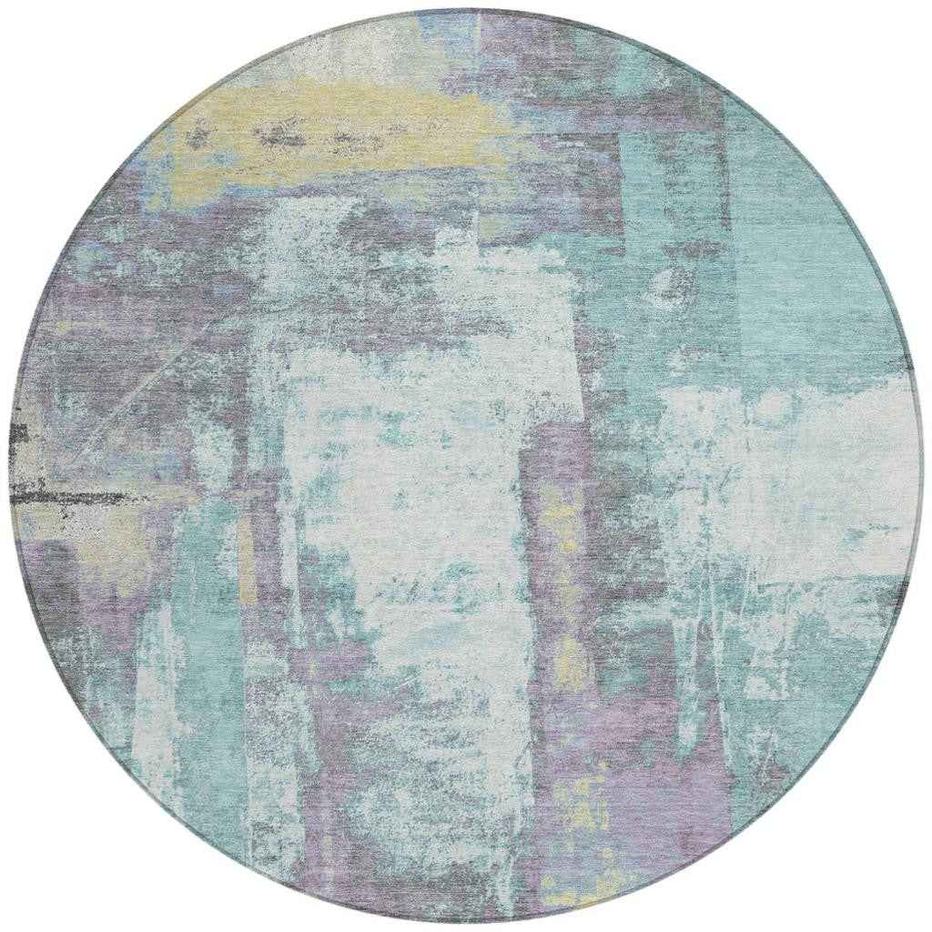 8' Teal Blue And Ivory Round Abstract Washable Indoor Outdoor Area Rug