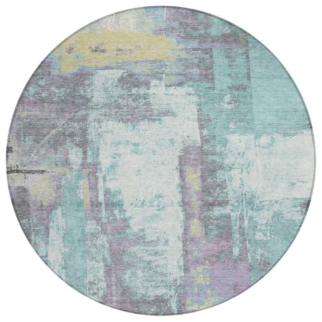 8' Teal Blue And Ivory Round Abstract Washable Indoor Outdoor Area Rug