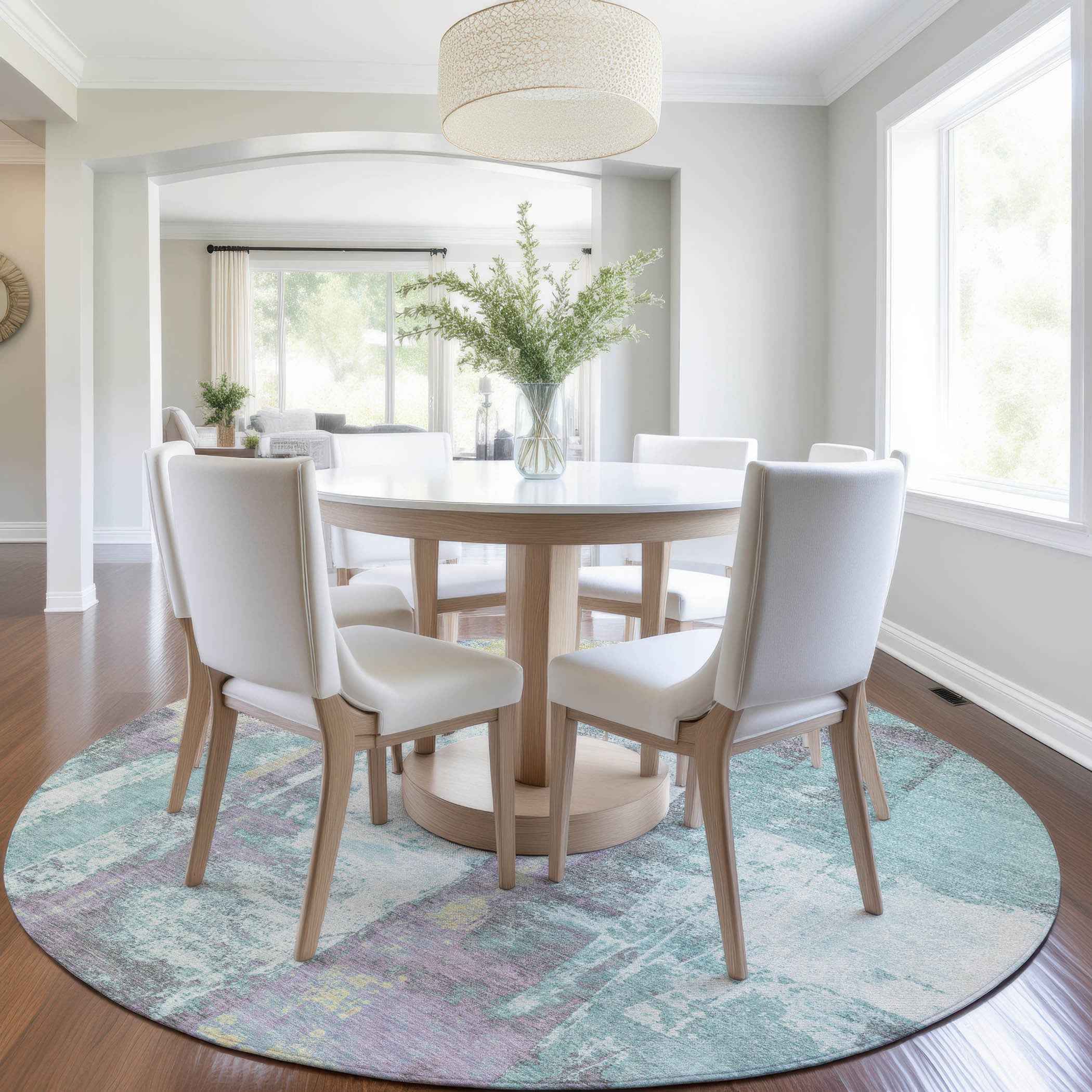 8' Teal Blue And Ivory Round Abstract Washable Indoor Outdoor Area Rug