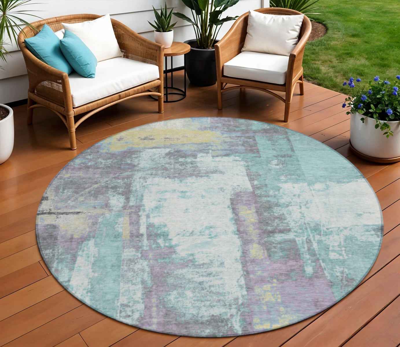 8' Teal Blue And Ivory Round Abstract Washable Indoor Outdoor Area Rug
