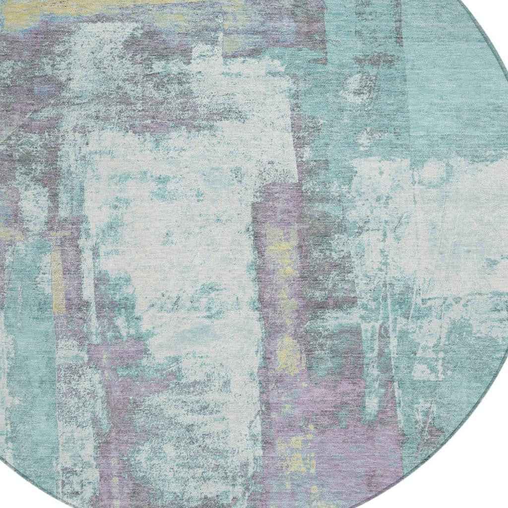 8' Teal Blue And Ivory Round Abstract Washable Indoor Outdoor Area Rug