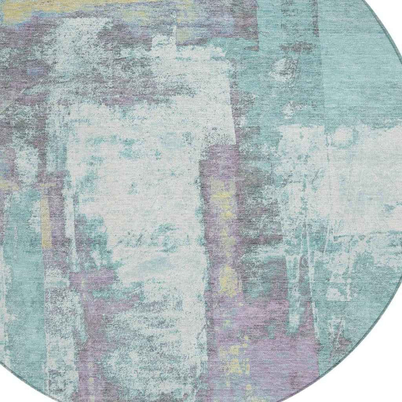 8' Teal Blue And Ivory Round Abstract Washable Indoor Outdoor Area Rug