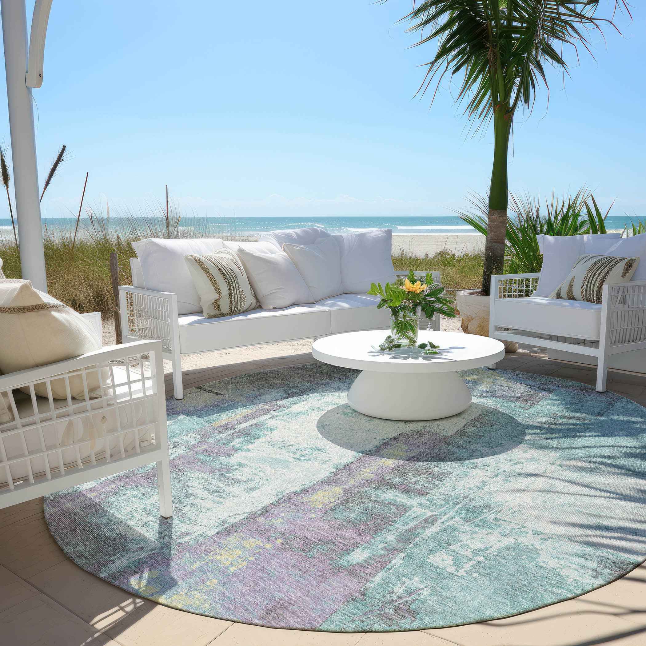 8' Teal Blue And Ivory Round Abstract Washable Indoor Outdoor Area Rug