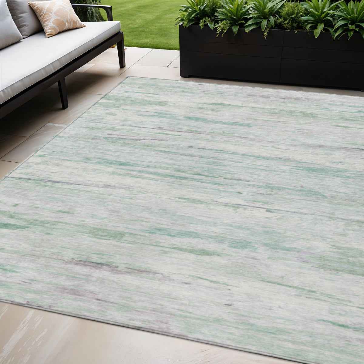 5' X 8' Artichoke Green And Ivory Abstract Washable Indoor Outdoor Area Rug