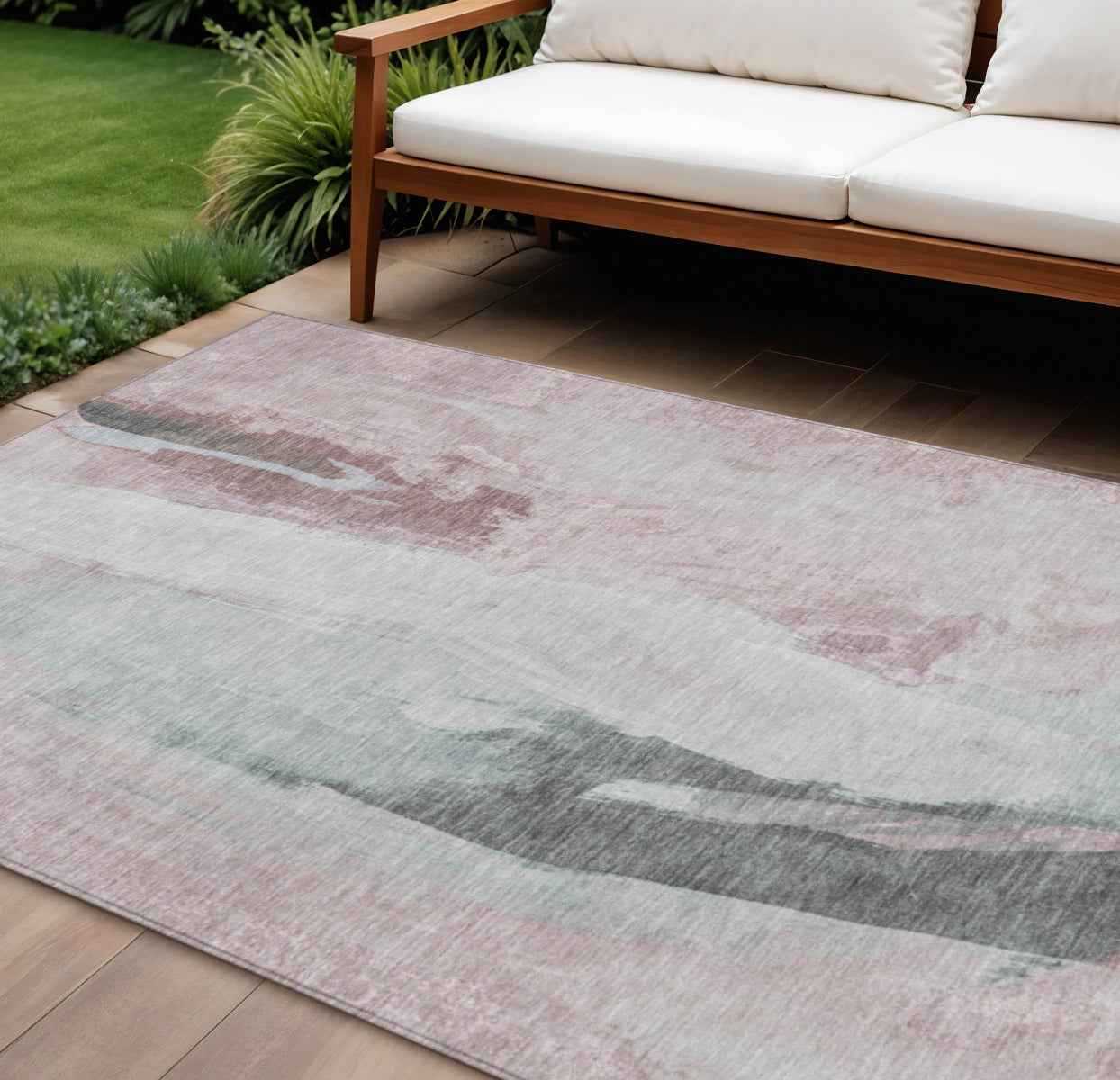 10' X 14' Blush And Gray Abstract Washable Indoor Outdoor Area Rug