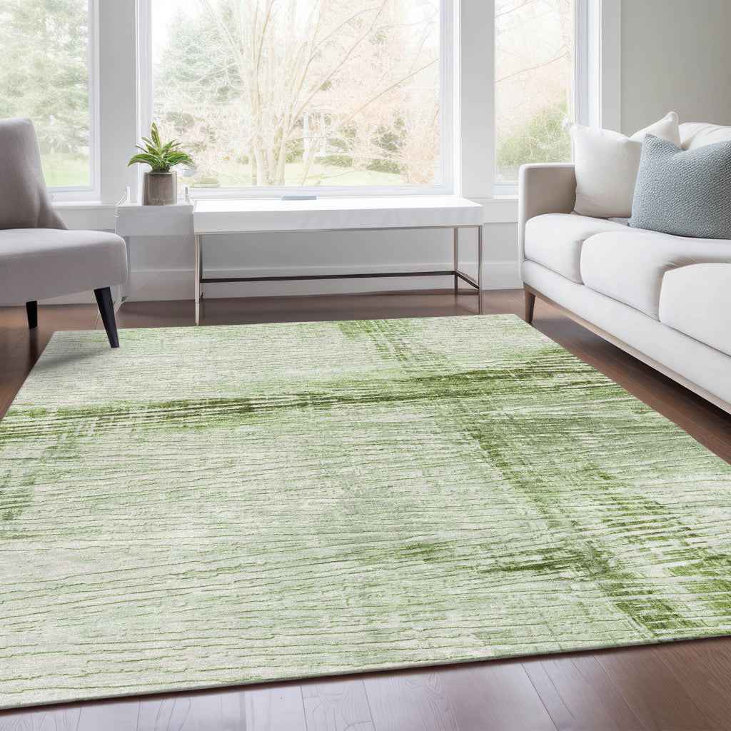8' X 10' Artichoke Green And Ivory Striped Washable Indoor Outdoor Area Rug