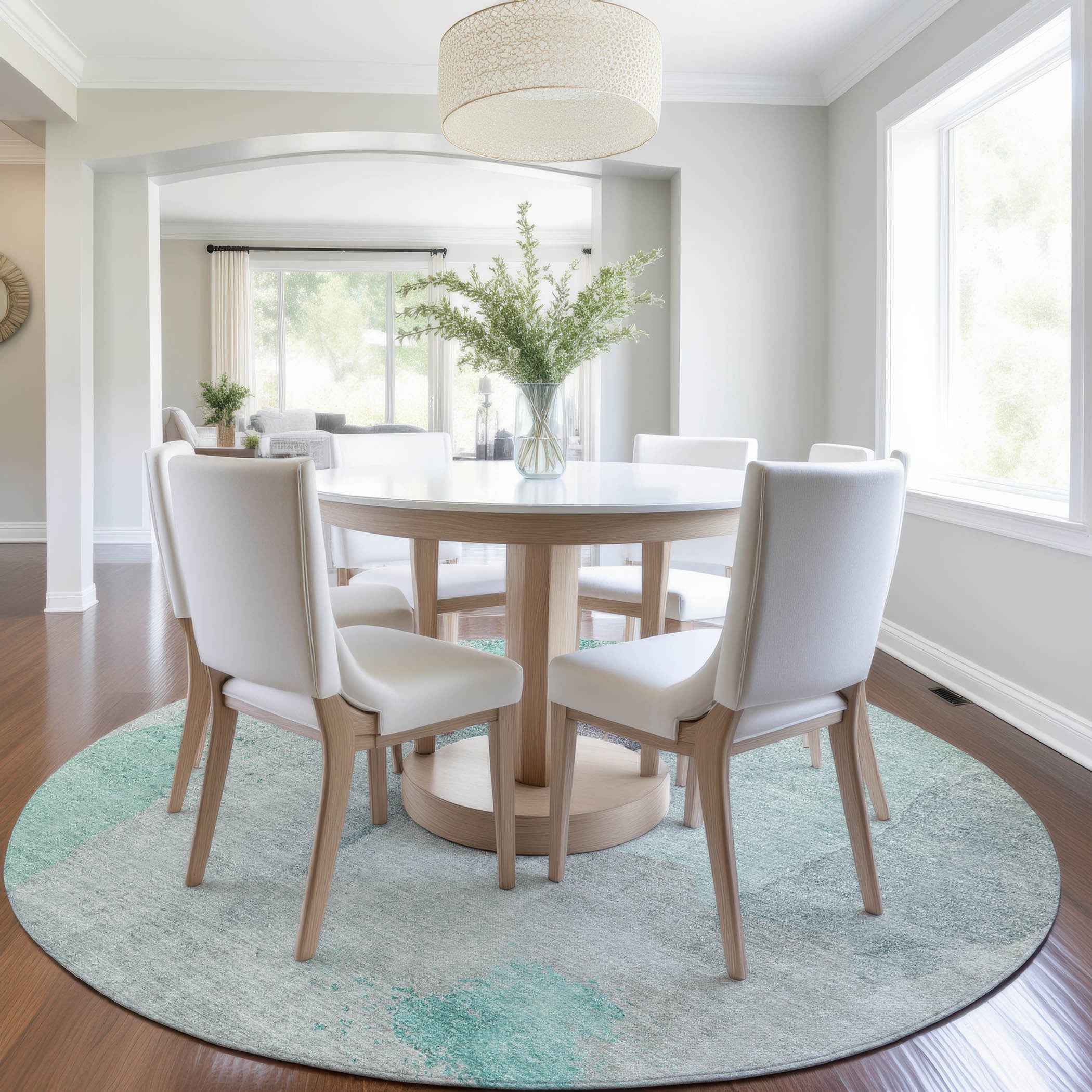 8' Teal Blue And Aqua Round Abstract Washable Indoor Outdoor Area Rug