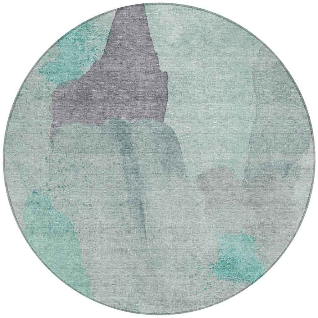 8' Teal Blue And Aqua Round Abstract Washable Indoor Outdoor Area Rug