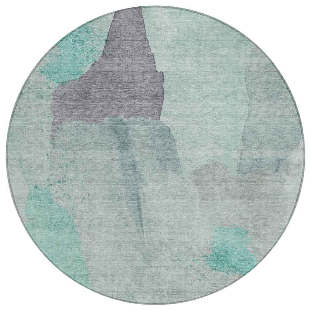 8' Teal Blue And Aqua Round Abstract Washable Indoor Outdoor Area Rug