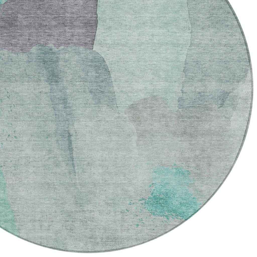 8' Teal Blue And Aqua Round Abstract Washable Indoor Outdoor Area Rug