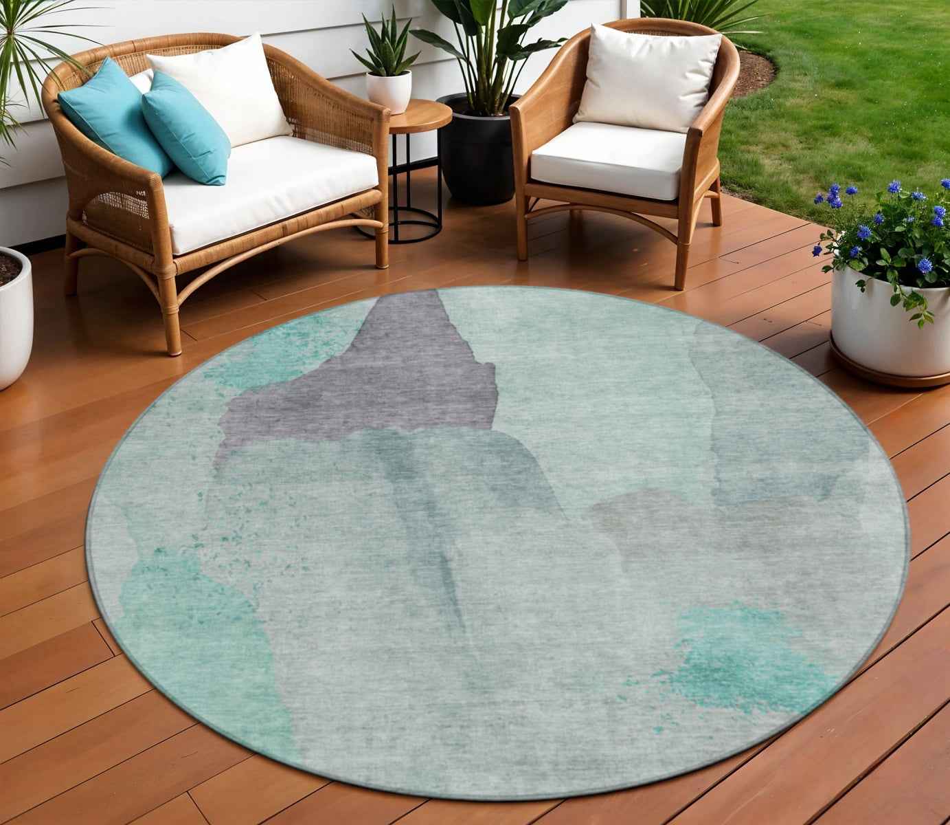 8' Teal Blue And Aqua Round Abstract Washable Indoor Outdoor Area Rug