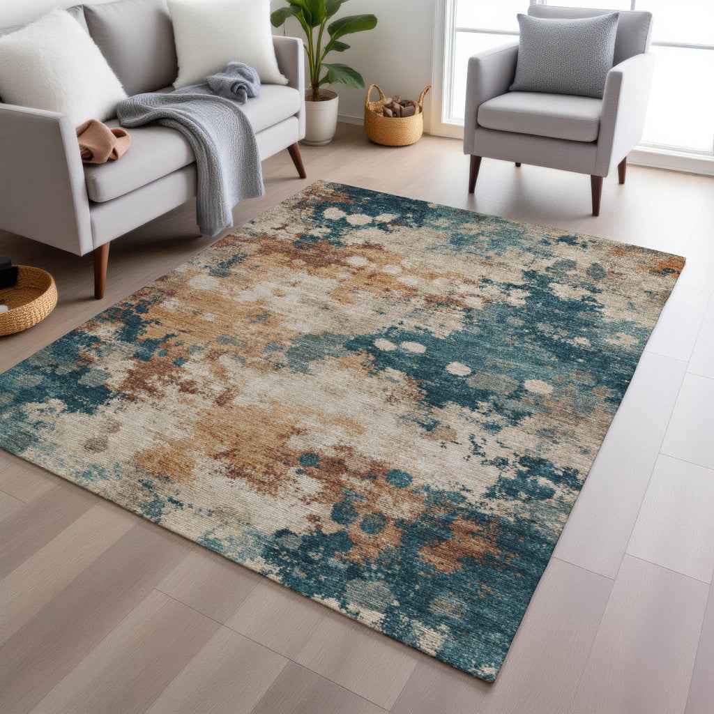 3' X 5' Beige And Teal Blue Abstract Washable Indoor Outdoor Area Rug